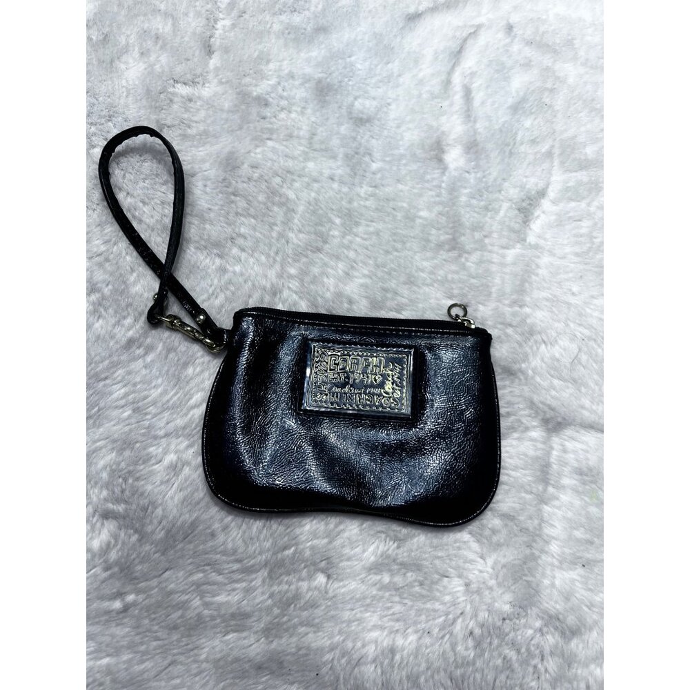 Coach Leather Wristlet Black With Gold Logo Plate